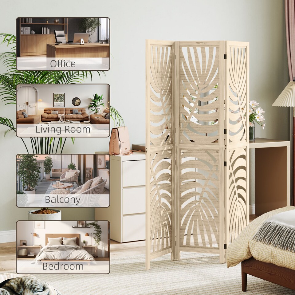image 1 of HOMCOM 3 Panel Room Divider, Detachable Privacy Screens, Natural Wood | Brown | Natural wood finish