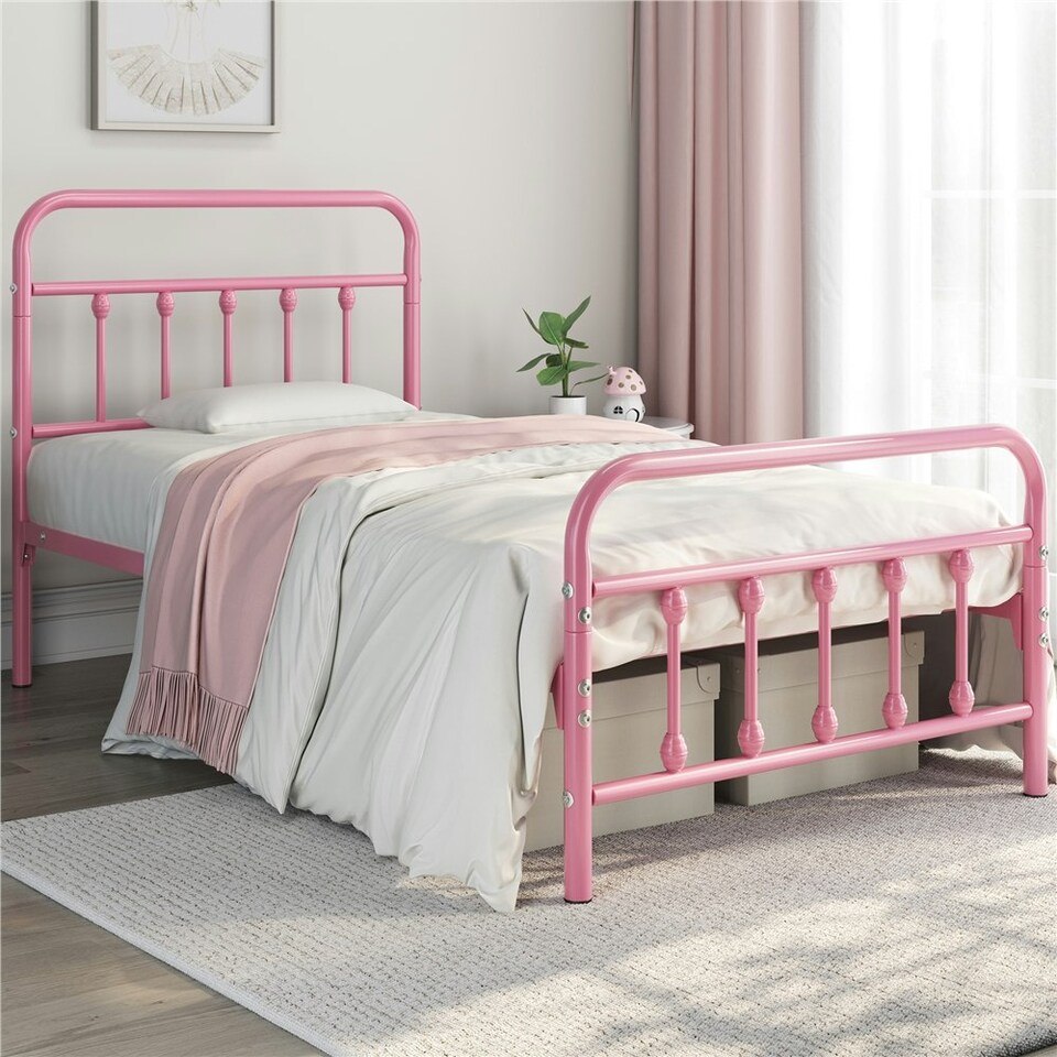image 1 of Yaheetech 3ft Single Vintage Iron Platform Bed with High Headboard Pink