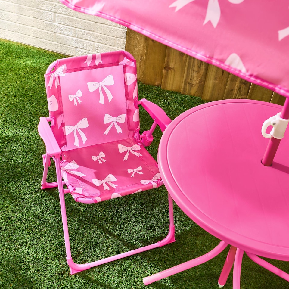 image 1 of OHS Kids Bows Folding Bistro Set Table Chair with Parasol Garden Patio | Pink | Hot Pink