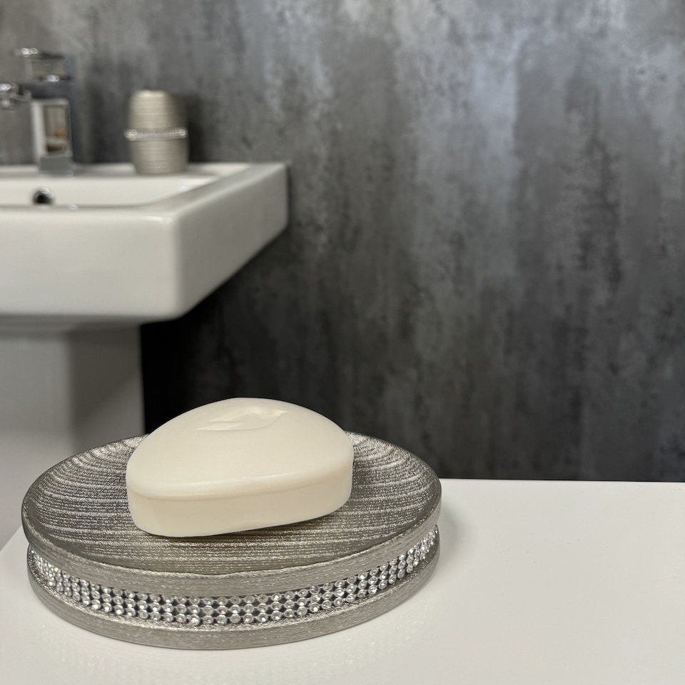 image 1 of Showerdrape Pzazz Silver Diamante Bathroom Sink Soap Dish | Silver | 1