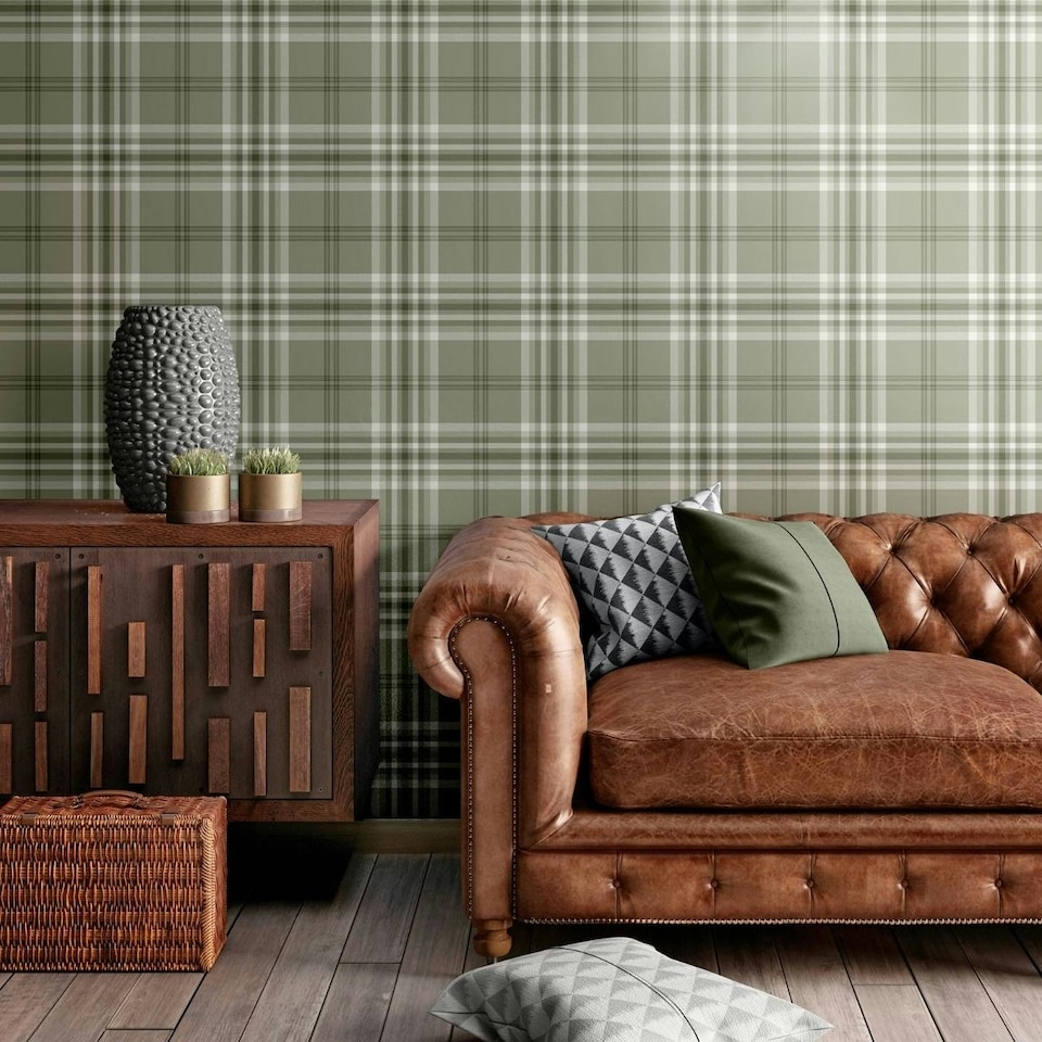 image 1 of Muriva Catherine Lansfield Kelso Checked Wallpaper - Sage Green - 10m x 53cm | Green