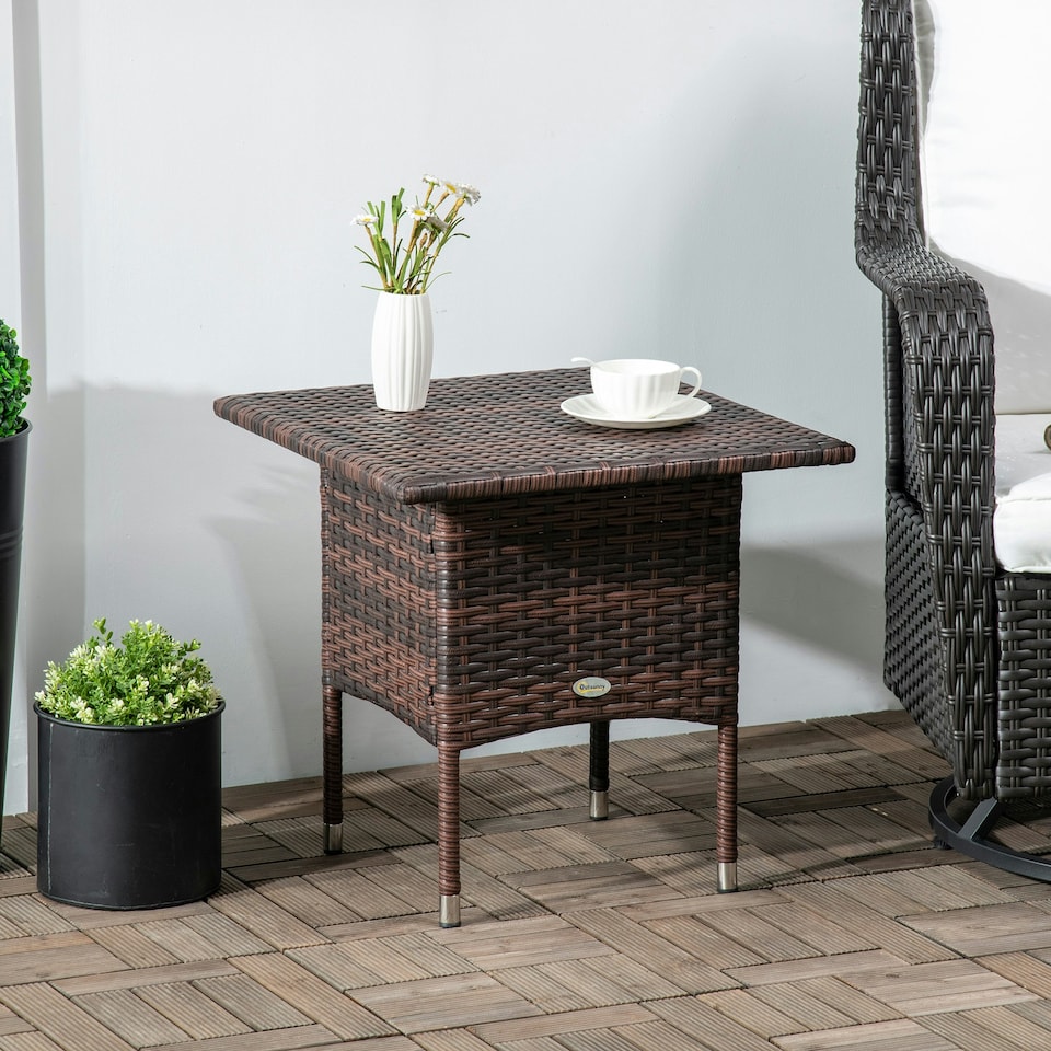 image 1 of Outsunny PE Rattan Outdoor Coffee Table, Easy Match Rattan Side Table, Brown