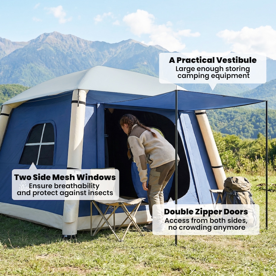 image 1 of Outsunny Inflatable Camping Tent, 2 Man Tent, Dark Blue | Blue | Dark blue | 210 x 210 x 160 cm