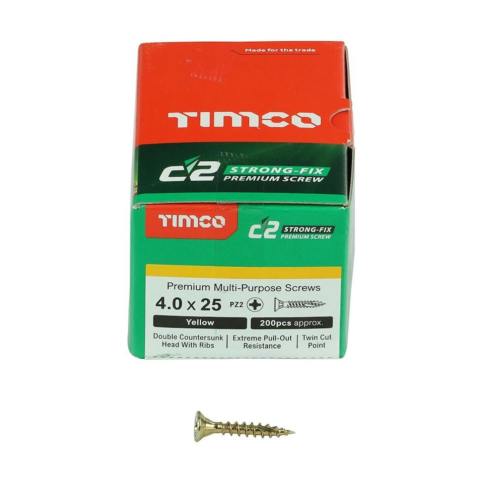 image 1 of Timco - C2 Strong-Fix Multi-Purpose Premium Screws - PZ - Double Countersunk - Yellow (Size 4.0 x 25 - 200 Pieces)