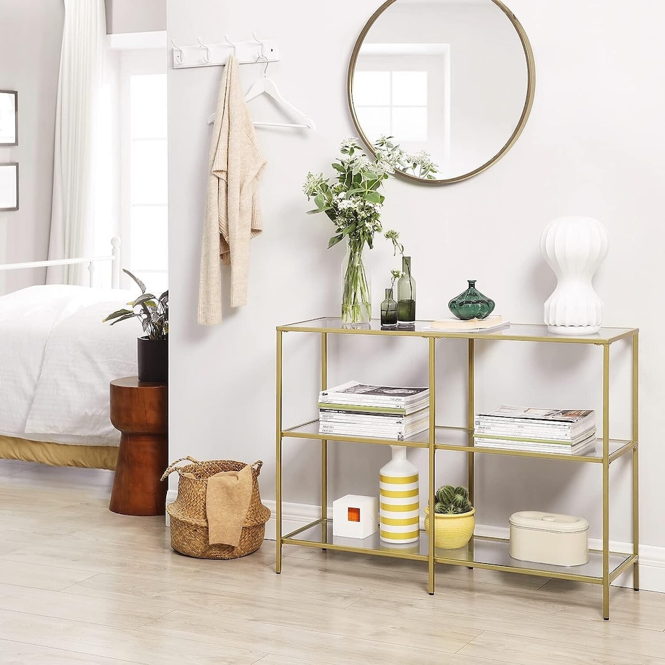 image 1 of 3-Tier Glass Sofa Console Table with Storage Shelves, Easy Assembly, Gold
