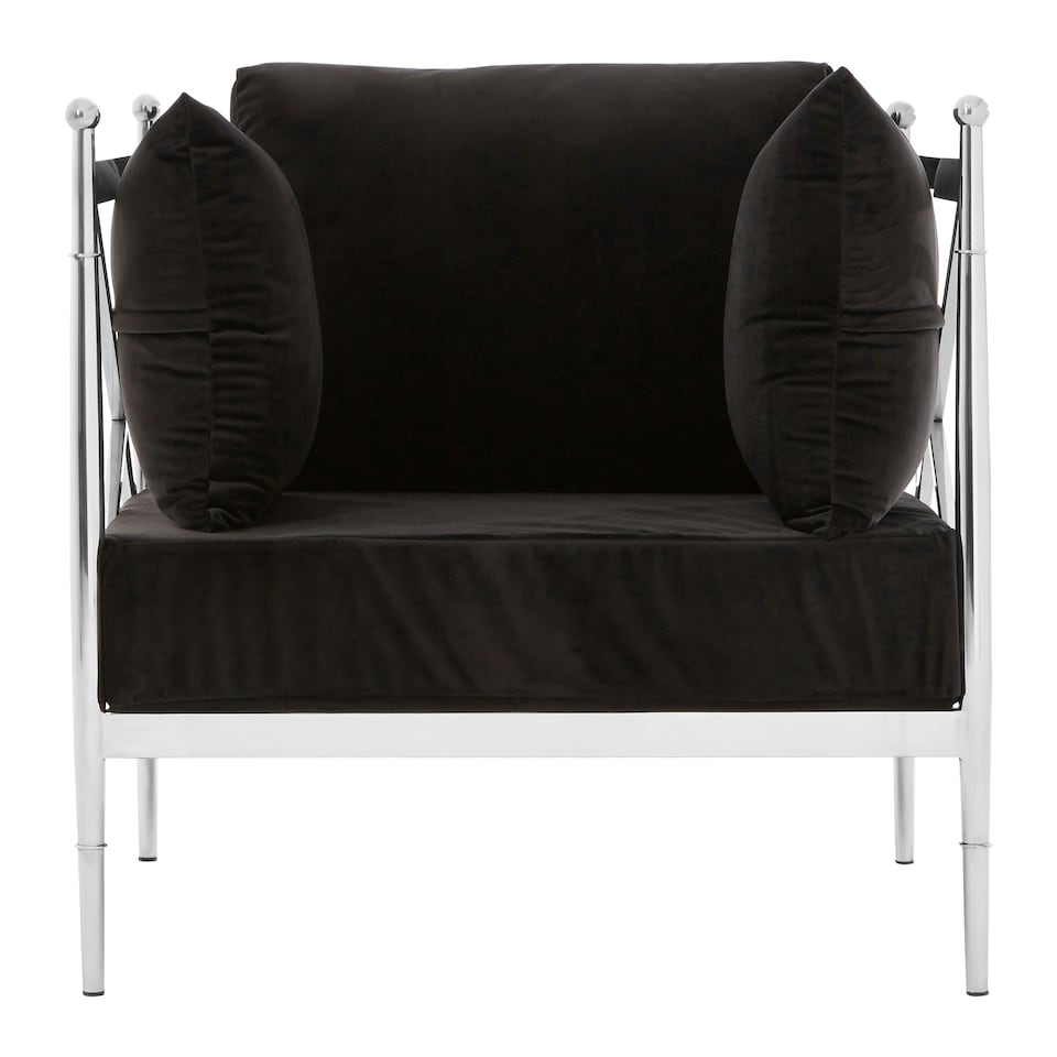 image 1 of Luxurious Chair With Silver Lattice Arms, Black Velvet Upholstered Arm Chair For Bedroom, Stylish Chair Silver