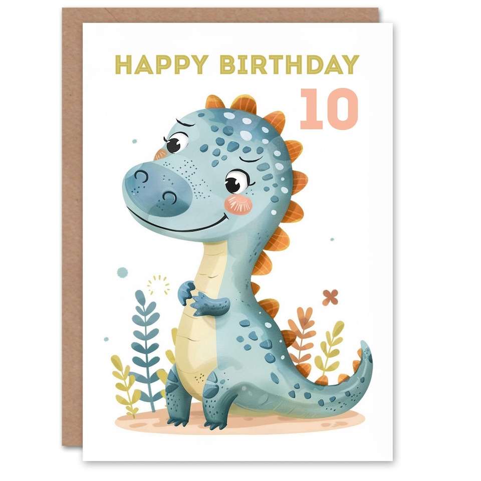 image 1 of Cute Dinosaur Cartoon Drawing Fun Kids Age 10 Year old Child 10th Birthday Card
