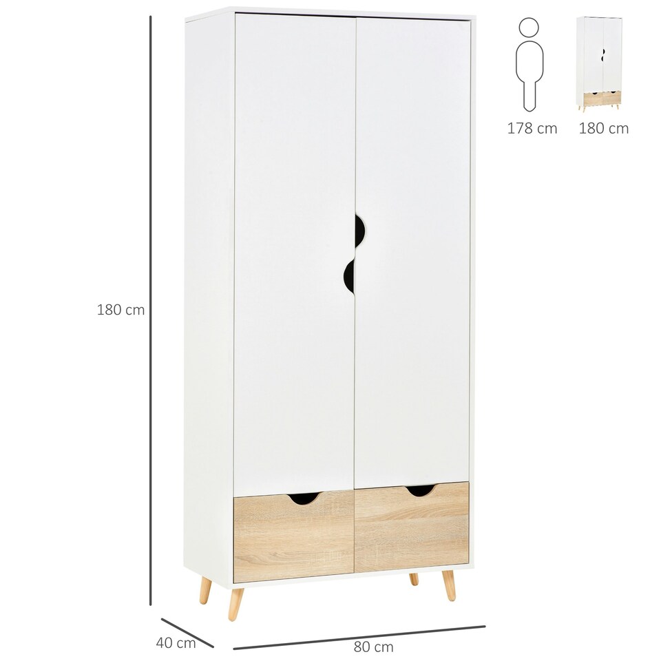 image 1 of HOMCOM 2-Door Clothes Wardrobe w/ Rail Shelf 2 Storage Drawers