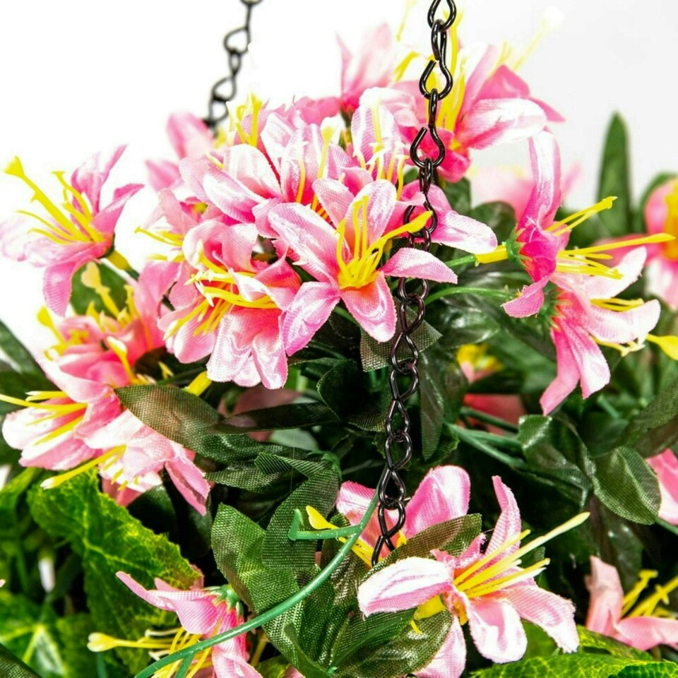 image 1 of Primrose Artificial Duranta Pink Flowers Hanging Basket with Solar Light 26cm