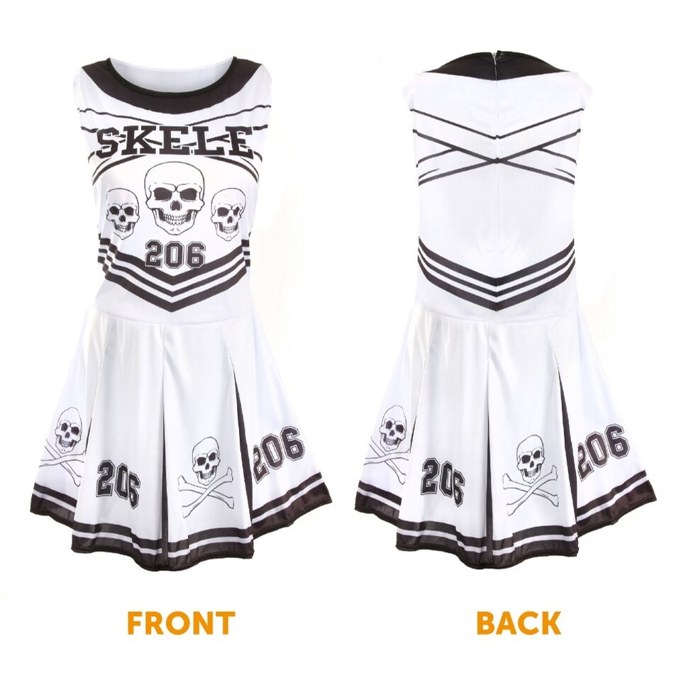 image 1 of Skeleton Cheerleader - Facepaint and Black Pom Poms | Multi | XL