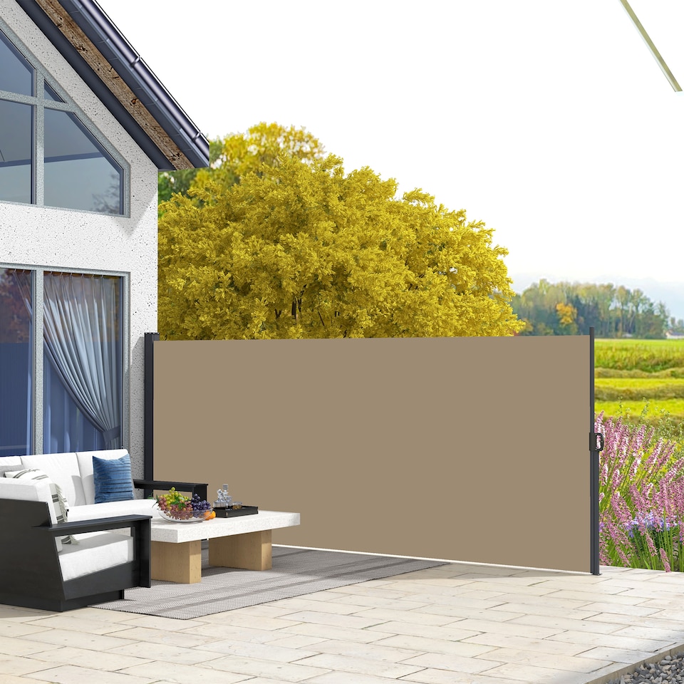 image 1 of Outsunny Side Awning Retractable, Privacy Screen, 400x160cm, Khaki | Brown | Khaki | 1