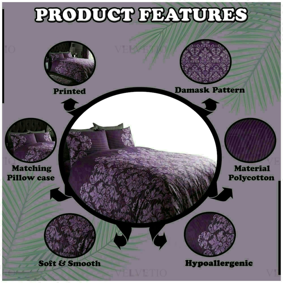 image 1 of VELVETIO Empire Damask Printed Duvet Cover Set Reversible Polycotton Beddings Purple | Single
