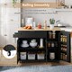 image 3 of VILUXE Mobile Kitchen Island with Foldable Worktop, Drawer, Adjustable Cabinets, 3 Door Spice Racks, Towel Rail and 5 Wheels, Black and Natural Wood