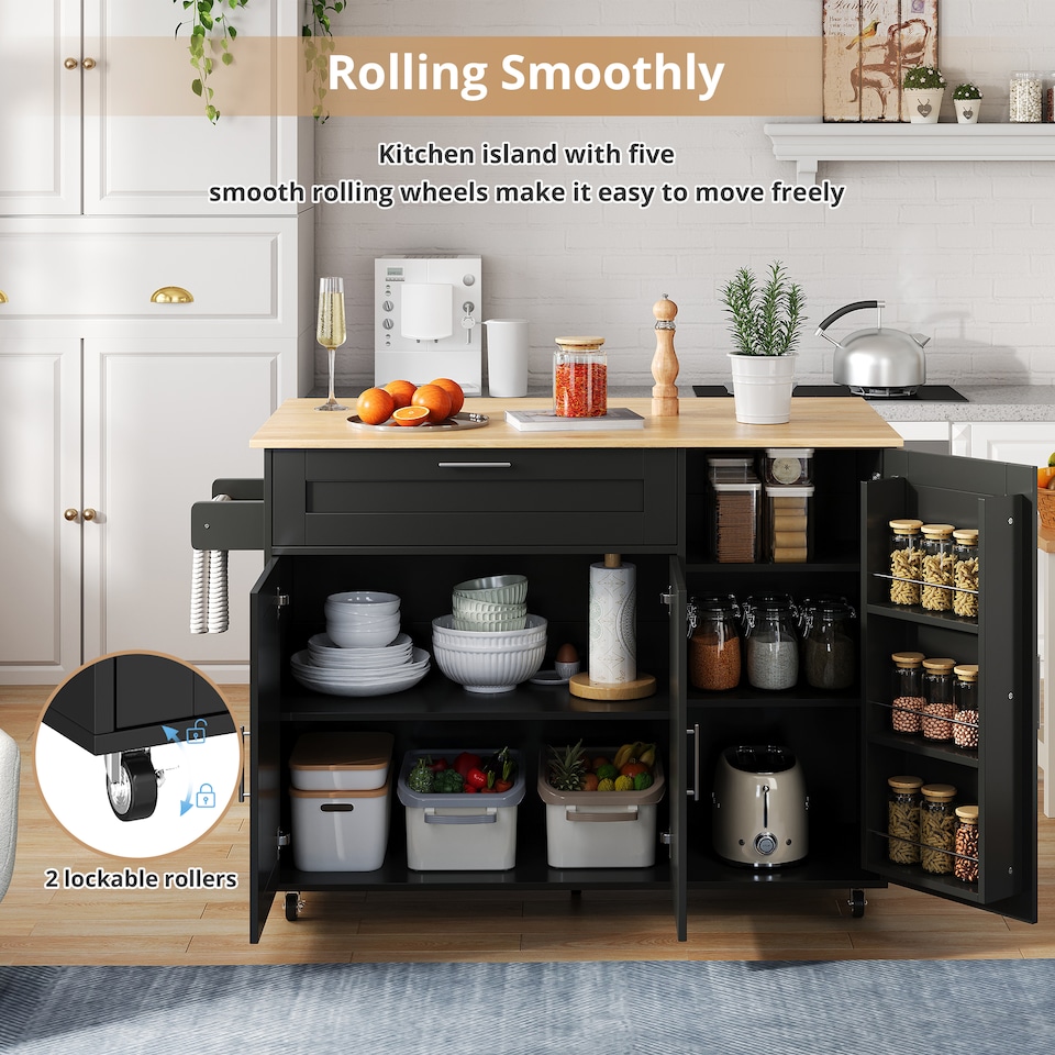 image 1 of VILUXE Mobile Kitchen Island with Foldable Worktop, Drawer, Adjustable Cabinets, 3 Door Spice Racks, Towel Rail and 5 Wheels, Black and Natural Wood