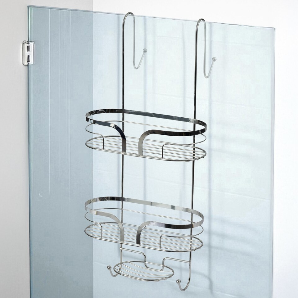 image 1 of Showerdrape Dante Chrome Floor Caddy and 2 Tier Over Door Hook Shower Caddy | Silver | Chrome | 1