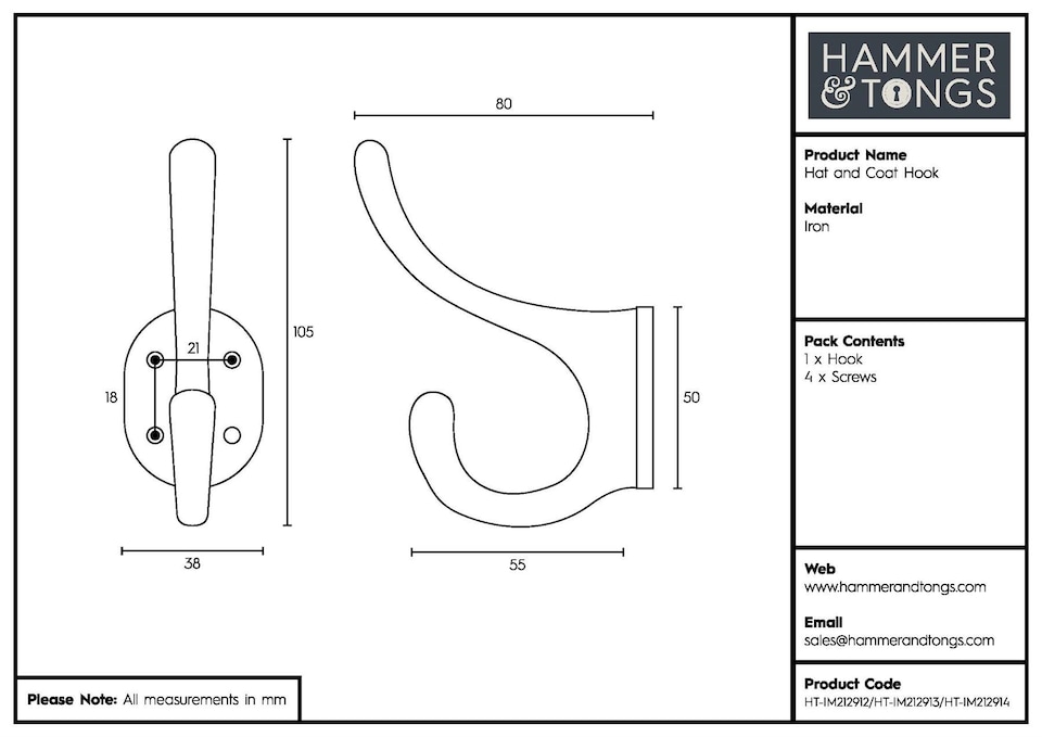 image 1 of Hammer & Tongs Hat & Coat Hook - W40mm x H105mm - Brass