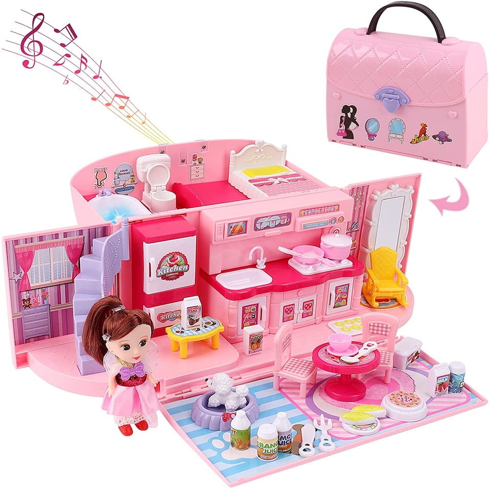 image 1 of Children’s 2 In 1 Pink Portable Hand Bag Style Carrycase Doll House Play Set with Light & Sound Functions
