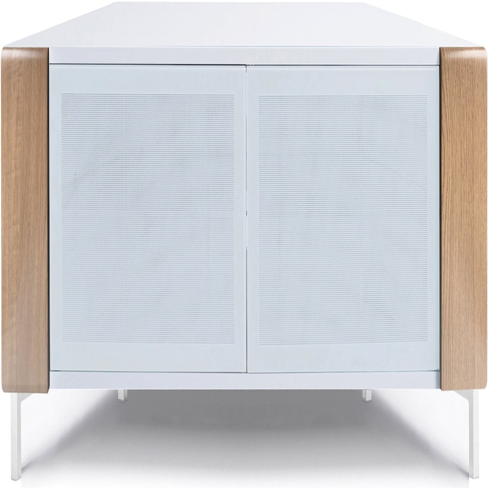 image 1 of MDA Designs CORVUS Corner-Friendly Gloss White Contemporary Cabinet with Oak Profiles White BeamThru Glass Doors Suitable for Flat Screen TVs up to 50" | Multi | 1