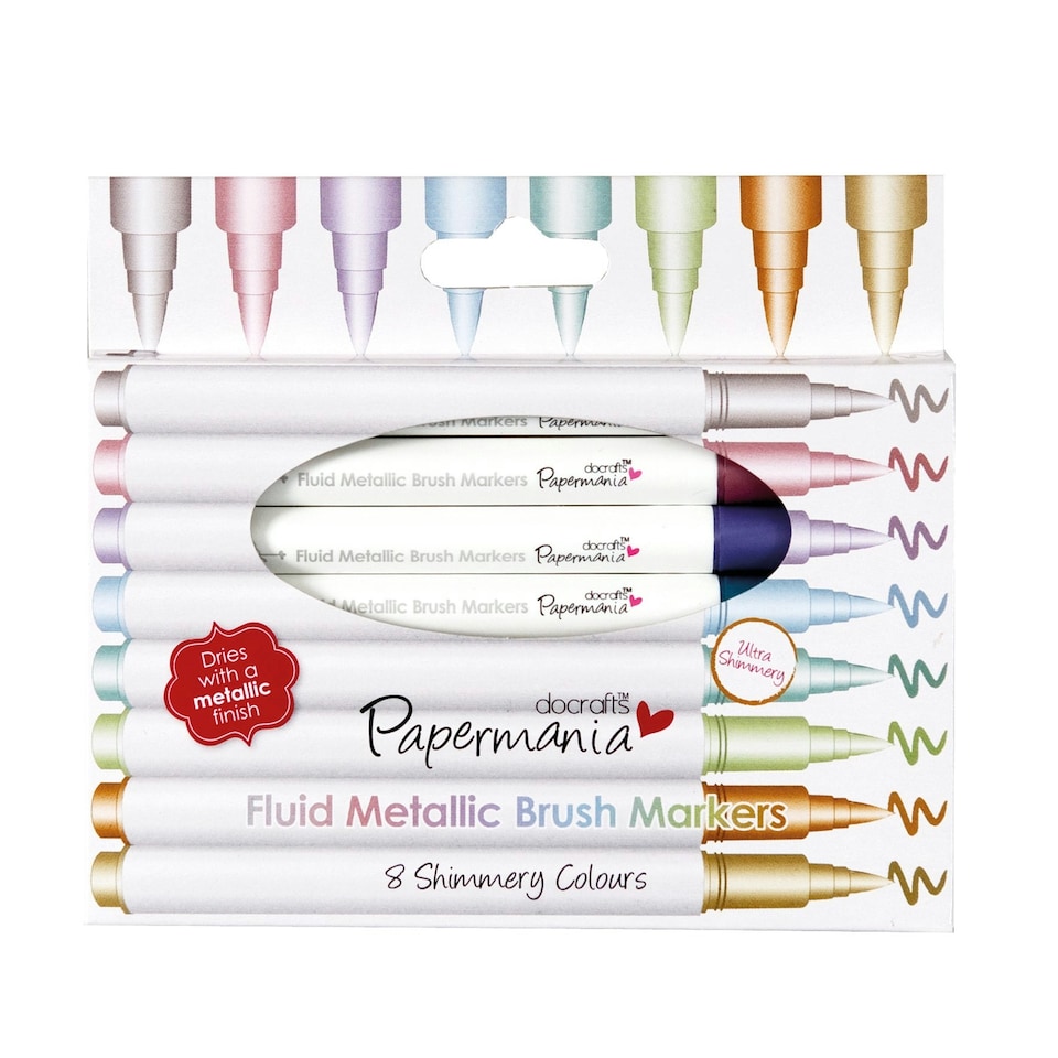 Papermania Metallic Pens, Brush Tip, Metallics, Pack of 8