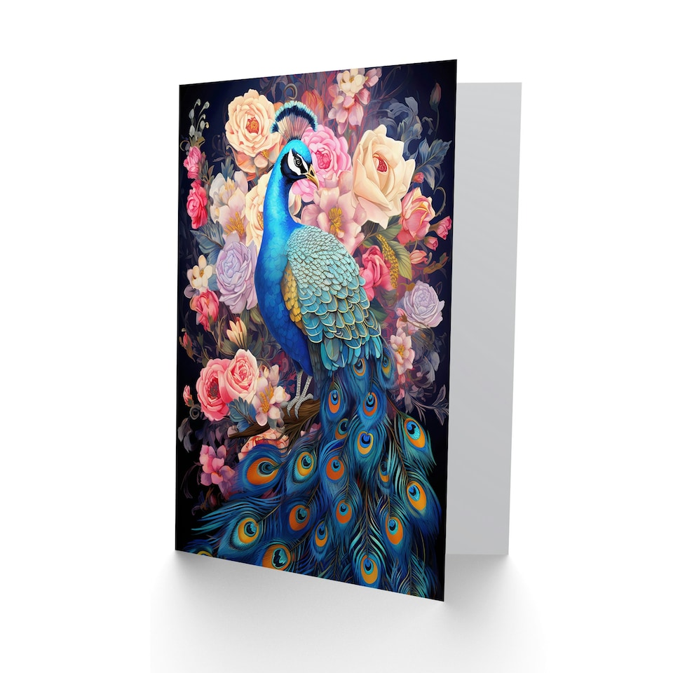 image 1 of Elegant Peacock Bird With Rose Flower Blooms Floral Greeting Card