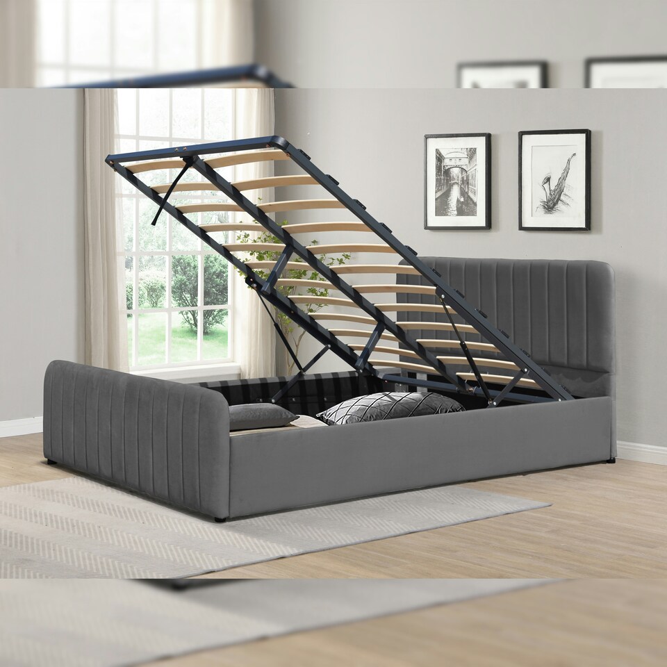image 1 of 5ft Dark Grey Brushed Velvet Gas Lift Ottoman Bedframe
