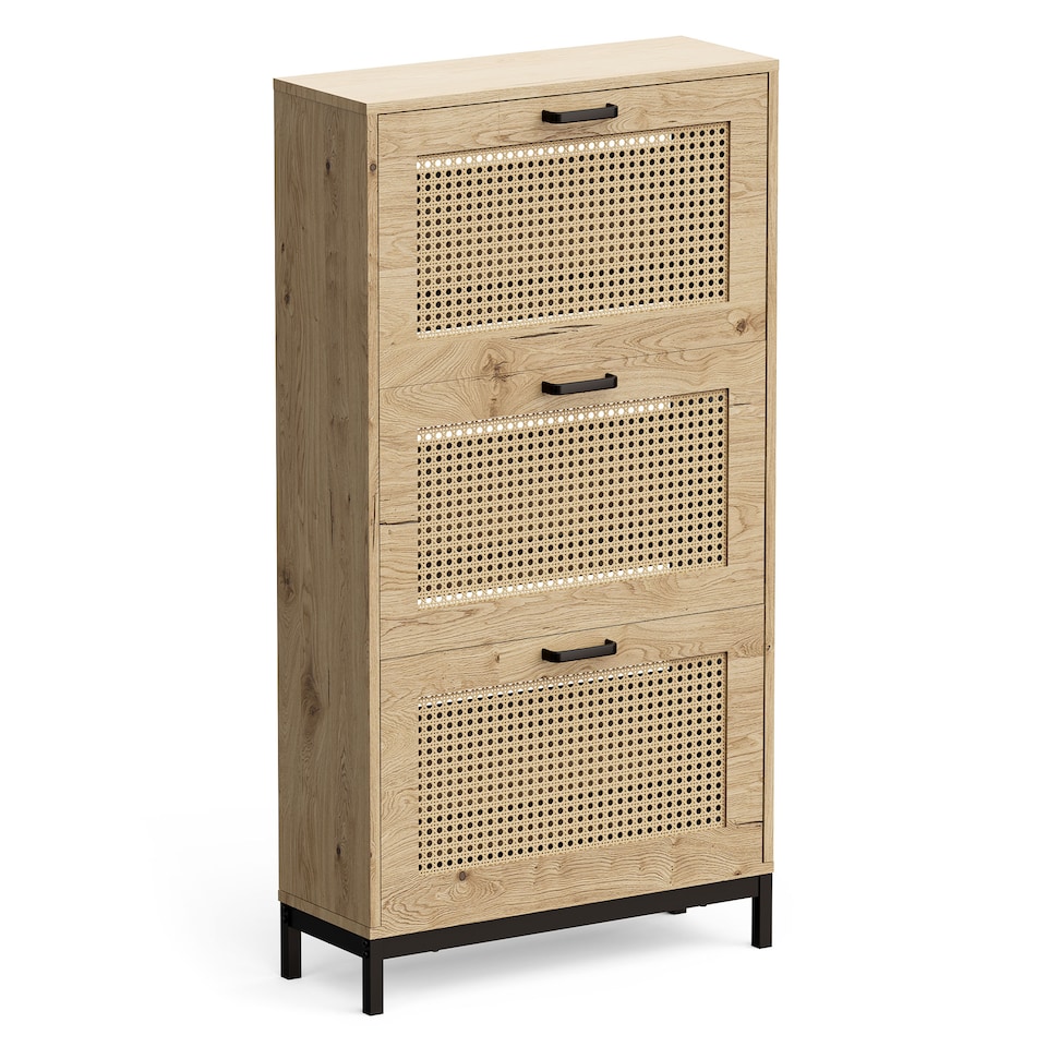 image 1 of VonHaus Rattan Shoe Storage Cabinet for Hallway with 3 Tier Drawers