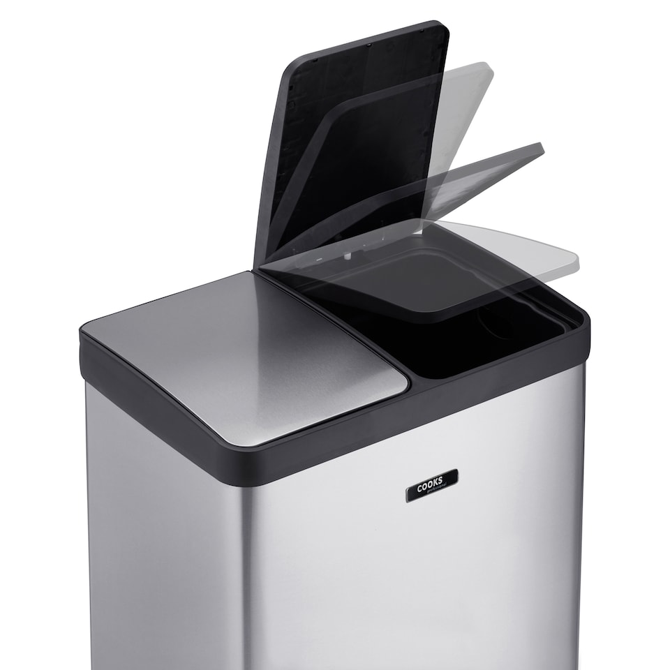 image 1 of Cooks Professional Dual Pedal Recycle Bin 60L with 2 x Compartments & Soft Close Lids | Silver
