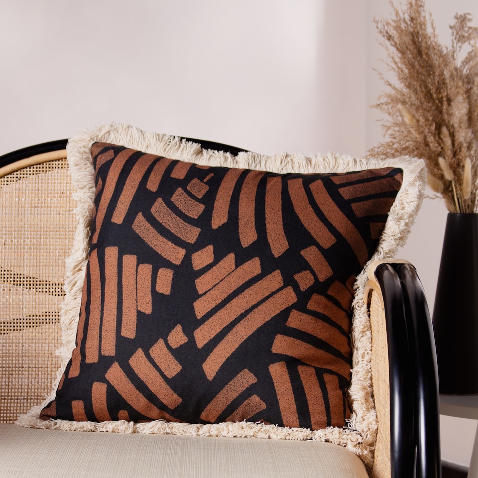 image 1 of Paoletti Oromo Printed Geometric Fringed Cushion, Brown , 45 x 45cm