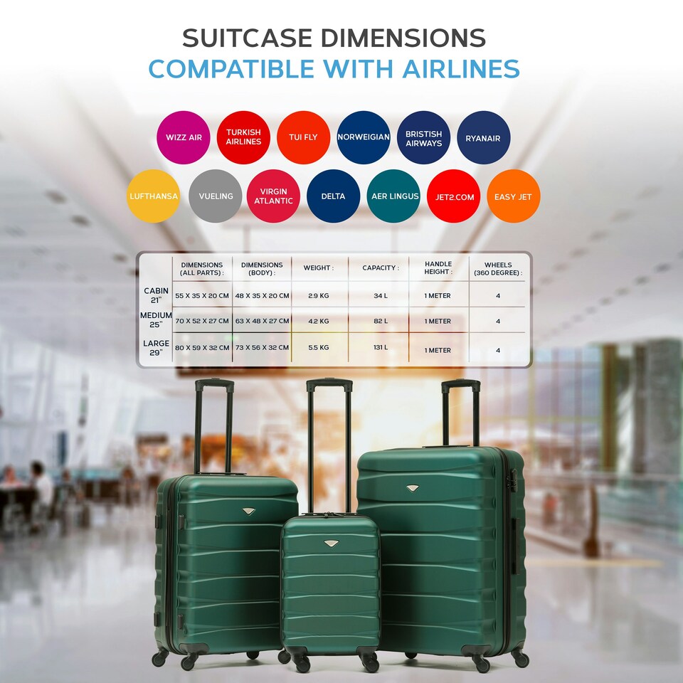image 1 of Flight Knight Set of 3 Lightweight 4 Wheel ABS Hard Case Suitcases Cabin & Hold Luggage, 100+ Airlines Approved - easyJet, British Airways, Ryanair, Jet2 Green | Forest Green / Black