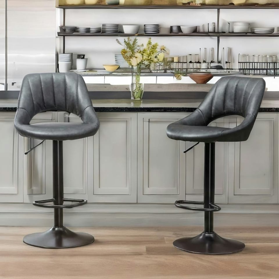 image 1 of 2PC Height Adjustable 360 PU Leather Swivel Barstools Set Black | Black