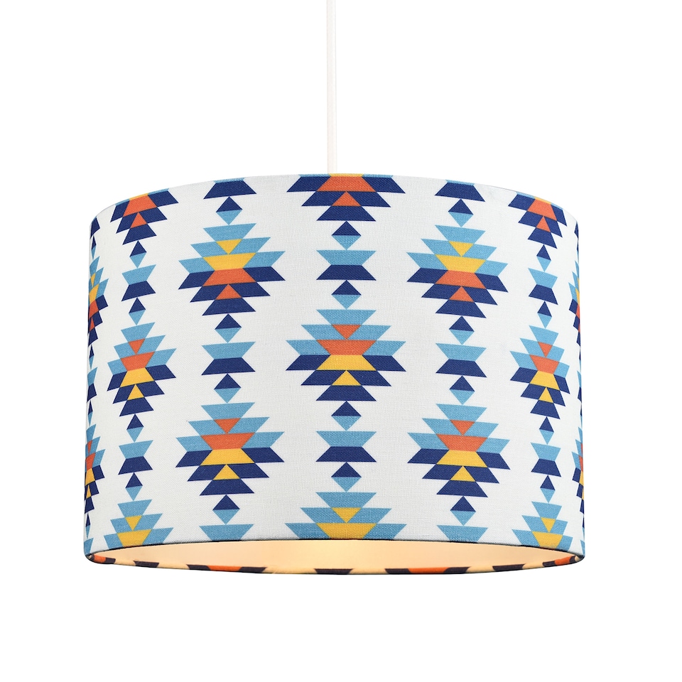 image 1 of Colourful Boho Geometric 12 Inch Drum Lamp Shade in White with Blues and Oranges | Multi | 12"
