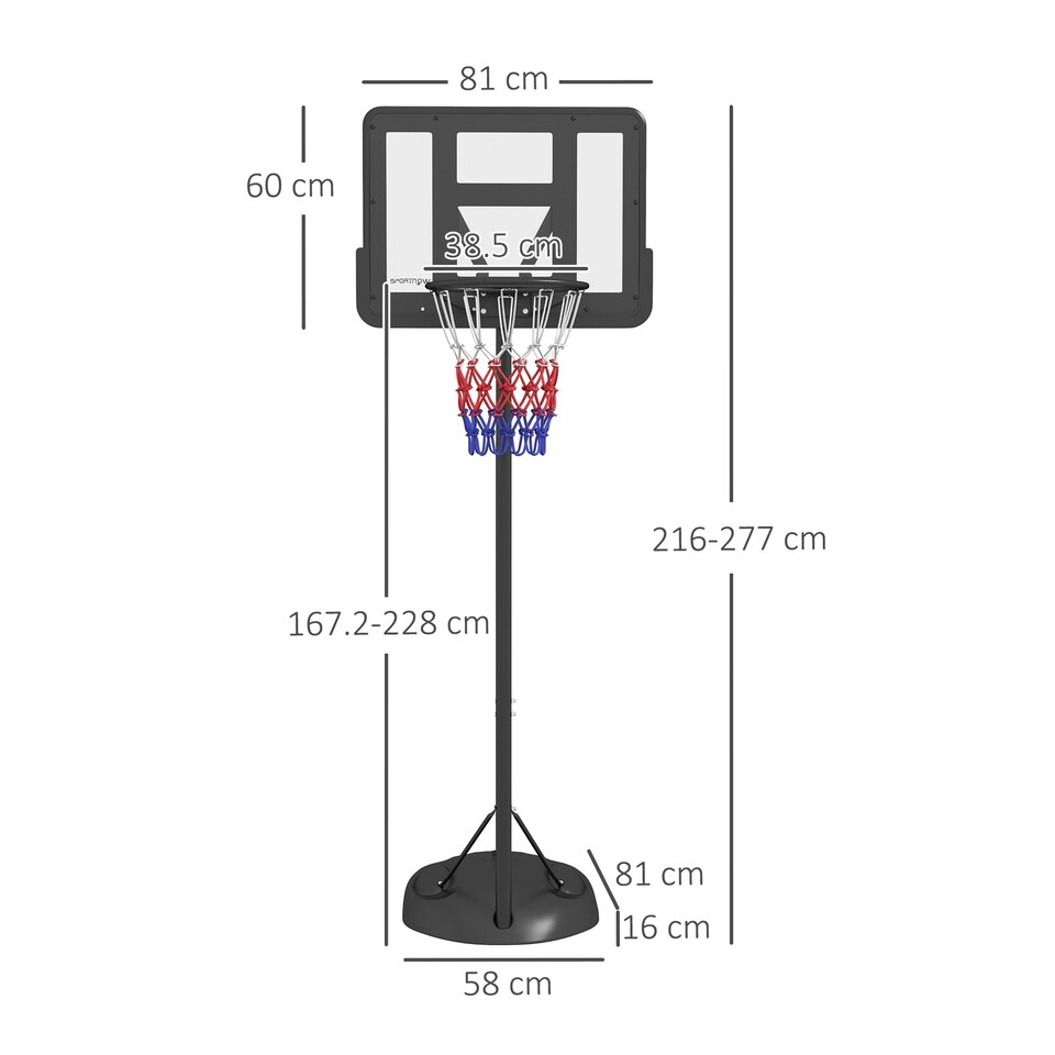image 1 of SPORTNOW 1.7-2.3m Basketball Hoop and Stand w/ Weighted Base, Wheels - Black