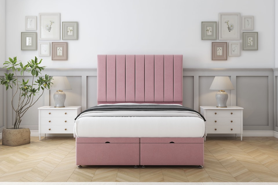 image 1 of Sloomy Kansas Pink Plush Ottoman Bed Base With 54" Floor Standing Headboard 6' Super King | Pink | Pink | Super King | 1