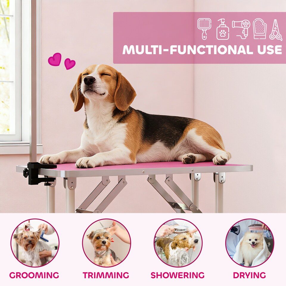 image 1 of PawHut Foldable Dog Grooming Table Adjustable Arm for Small Dogs 81x49x80 cm | Pink | Pink | 81 x 48.5 x 80 cm