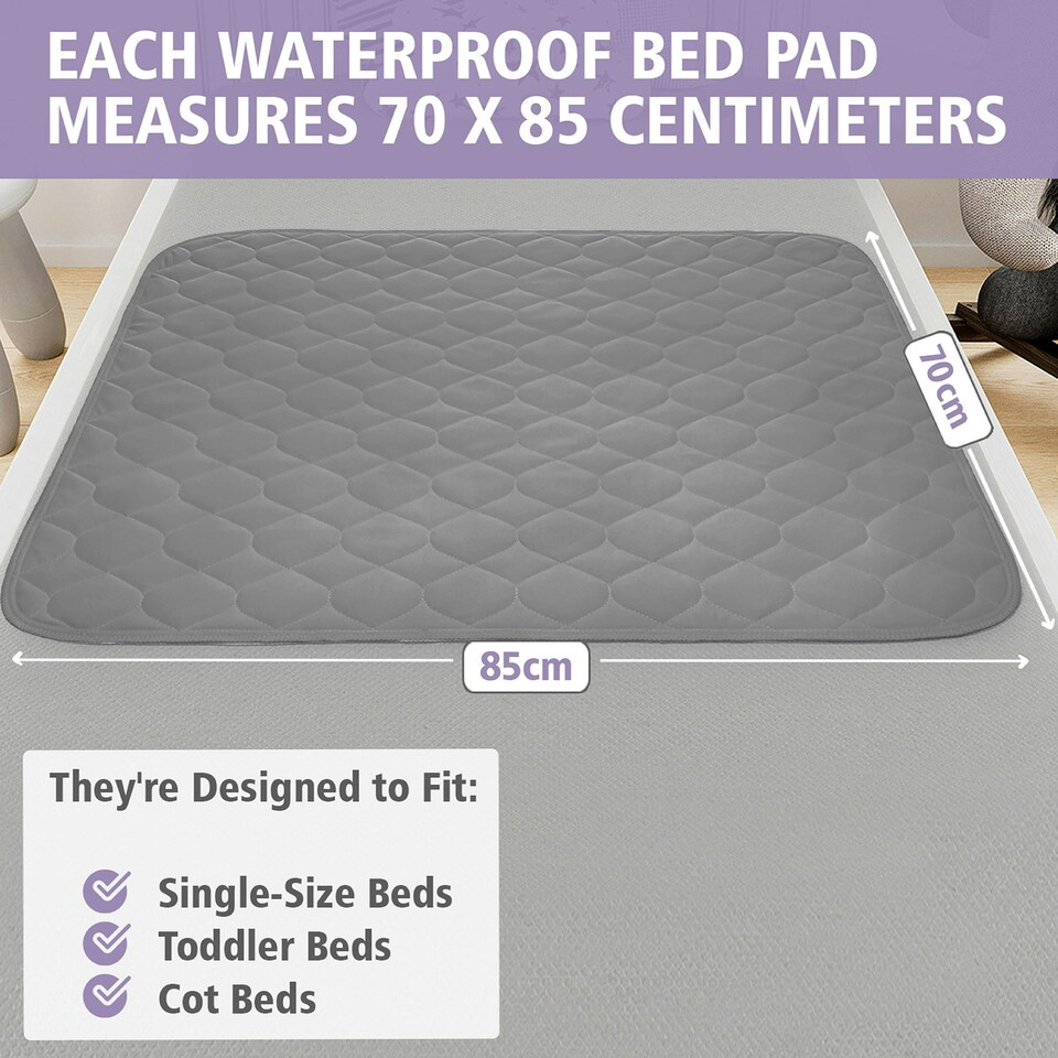 image 1 of Potty Training Bed Pads for Waterproof Protection - Bed Protector For Bed Wetting Toddlers & Children, Absolute Lifesaver for Your Mattress, 70x85 cm Grey | 2 pack | Small Single