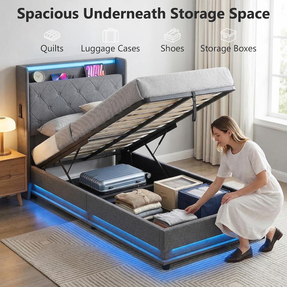 image 1 of HOMCOM Lift up Storage Bed Frame with RGB LED Lights, 90 x 190cm, Dark Grey