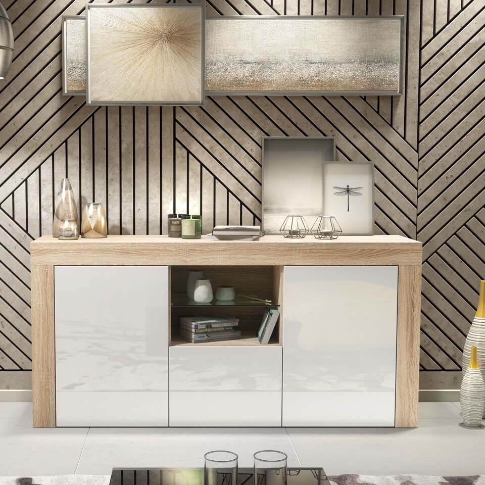 image 1 of TV Unit TV Stand Sideboard Media Cabinet Storage Cabinet Oak White High Gloss 145cm