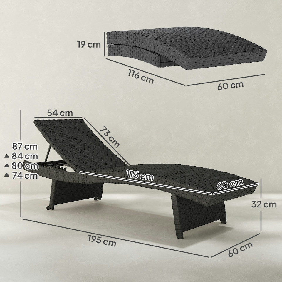 image 1 of Outsunny PE Rattan Sun Lounger with 4-Level Adjustable Backrest Black | Black