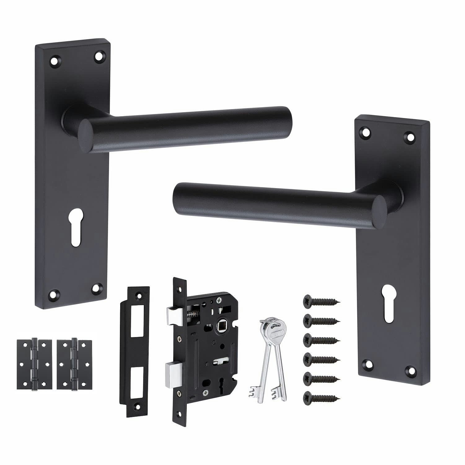 Golden Grace T-Bar Door Handles Set on Lever Backplate in Matt Black Finish Complete with Latch, Lock and 1 Pair of 3" Ball Bearing Hinges Black 1 Set