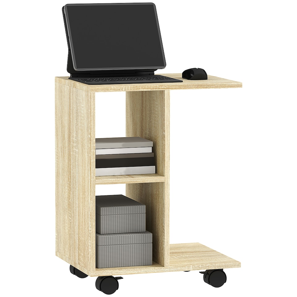 image 1 of HOMCOM C-Shape End Table Unique Storage Unit with 2 Shelves 4 Wheels Freestanding Home Office Furniture Cabinet Square Studio Natural | Yellow