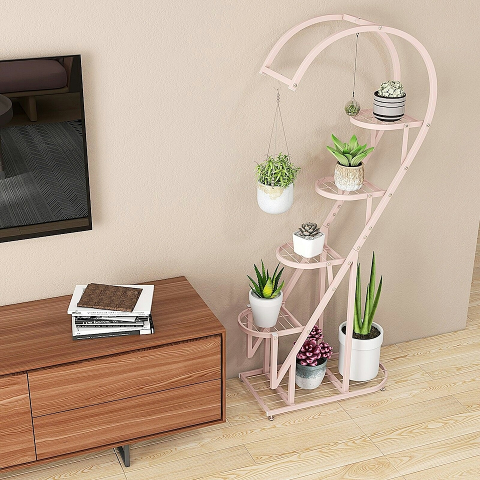 image 1 of COSTWAY 5 Tier Plant Stand Heart-shaped Ladder Shelf | Pink