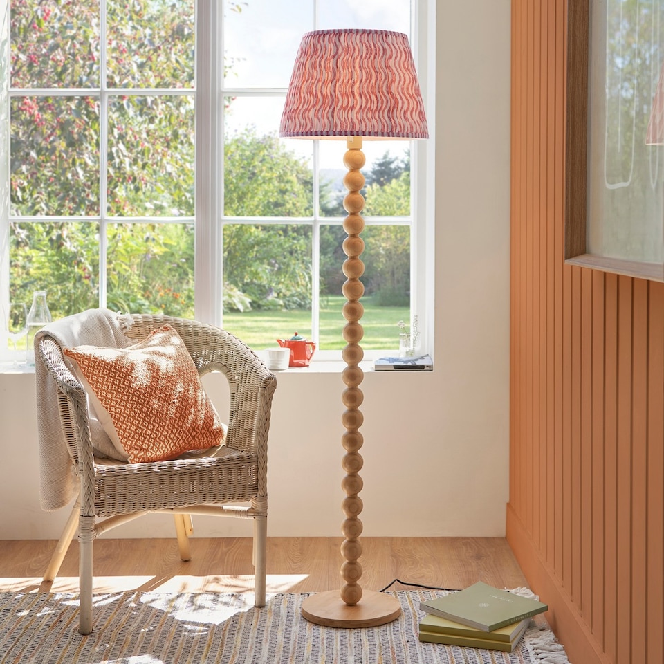 image 1 of Cane Natural Bamboo Floor Lamp with Coral Pink Fabric Ripple Shade 40cm E27