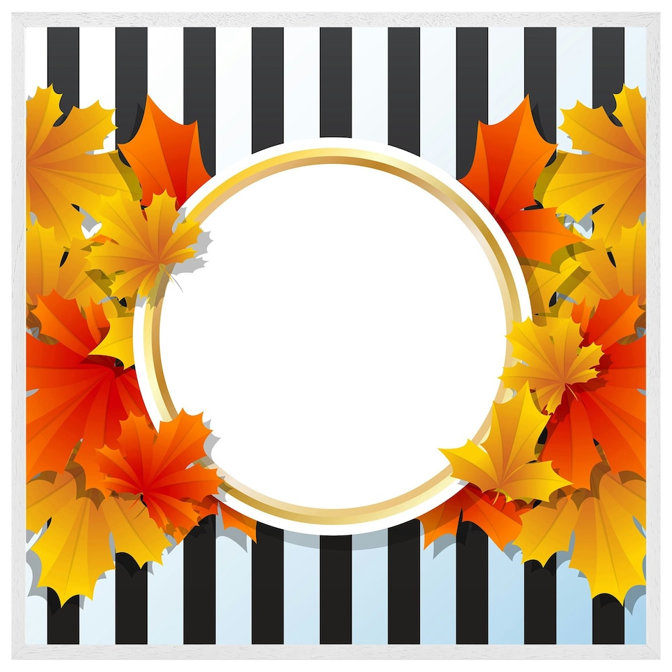 image 1 of Orange& red autumn leaves on black stripes (Picture Frame) White | M