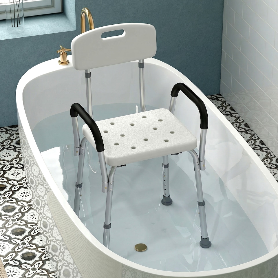 image 1 of HOMCOM Light Weight Aluminum Shower Bench Portable Lift Chair w/ Back & Armrest