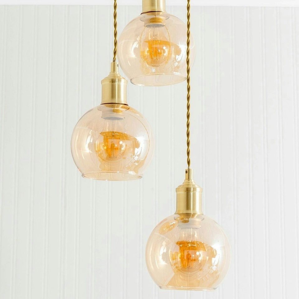 image 1 of ValueLights Bellamy Amber Glass Globe 3 Drop Cluster Brushed Gold Ceiling Pendant Light Gold