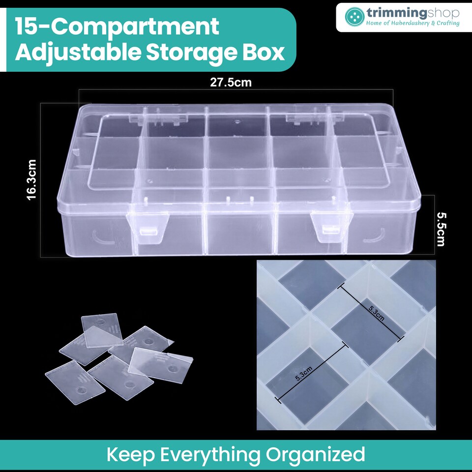 image 1 of 15 Compartment Storage Box, Clear Plastic Organiser with Dividers