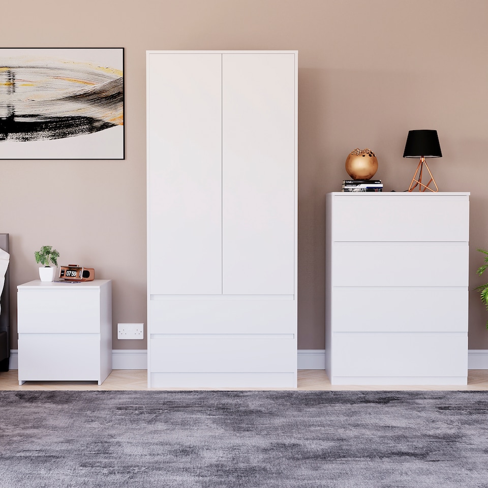 image 1 of Vida Designs Denver 3 Piece Bedroom Set (2 Drawer Large Bedside Chest, 4 Drawer Chest, 2 Door 2 Drawer Wardrobe), White | White | White | L | 3