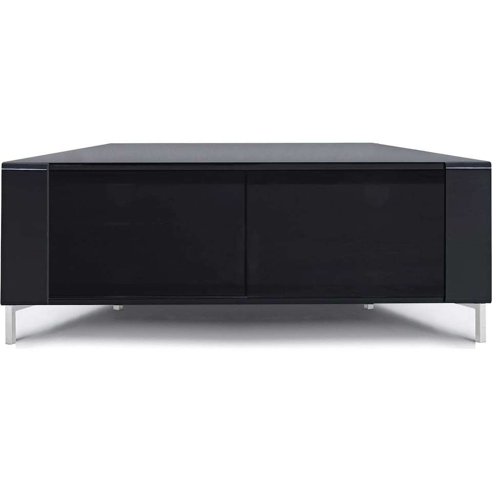 image 1 of MDA Designs CORVUS Corner-Friendly Gloss Black Contemporary Cabinet with BeamThru Glass Doors Modern Space-Saving Stand for Flat Screen TVs up to 50 Inch | Black | 1