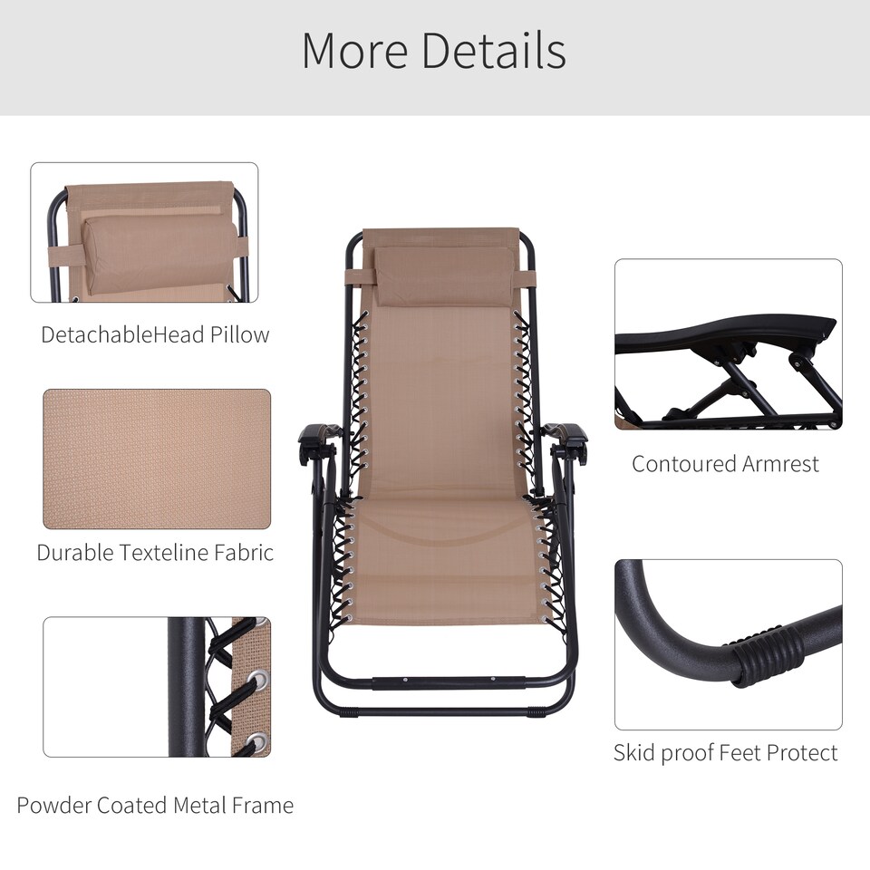 image 1 of Outsunny Zero Gravity Chair Metal Frame Texteline Armchair Outdoor Folding and Reclining Sun Lounger with Head Pillow for Patio Decking Gardens Camping, Beige