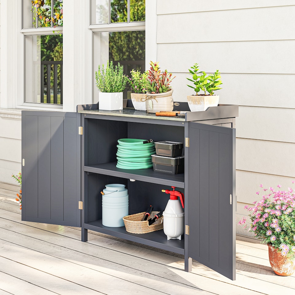 image 1 of Outsunny Wood Garden Storage Cabinet, Outdoor Tool Shed with Galvanised Top and Two Shelves, Potting Bench Table for Garden Tools or Pool Accessories, Grey